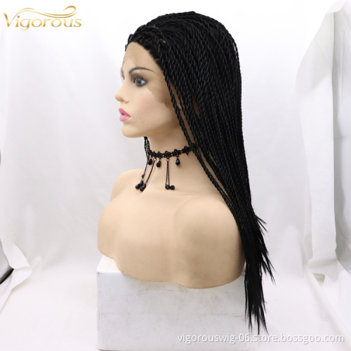 Vigorous braid long bug black wholesale cheap heat resistente synthetic wig with lace front